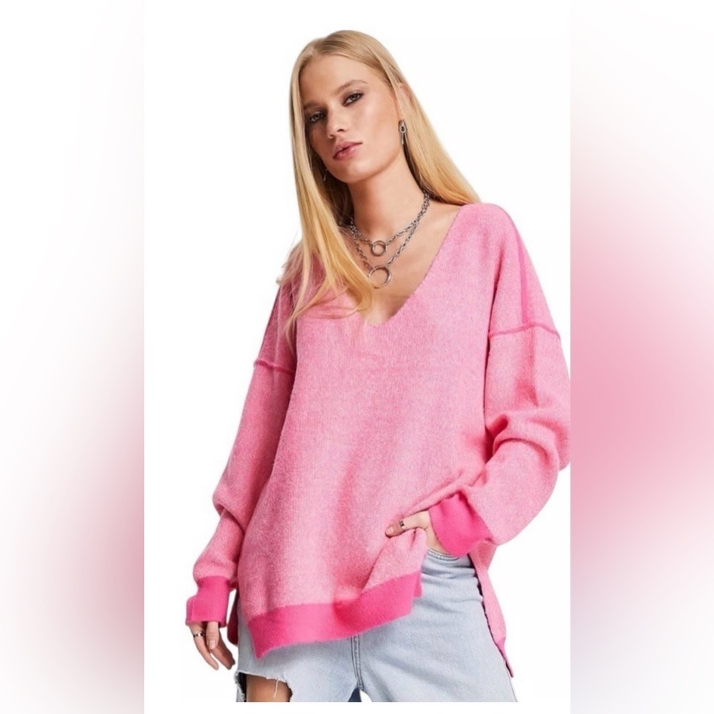 Free People Sweater Weather Oversized Pink V Neck Sweater Size M